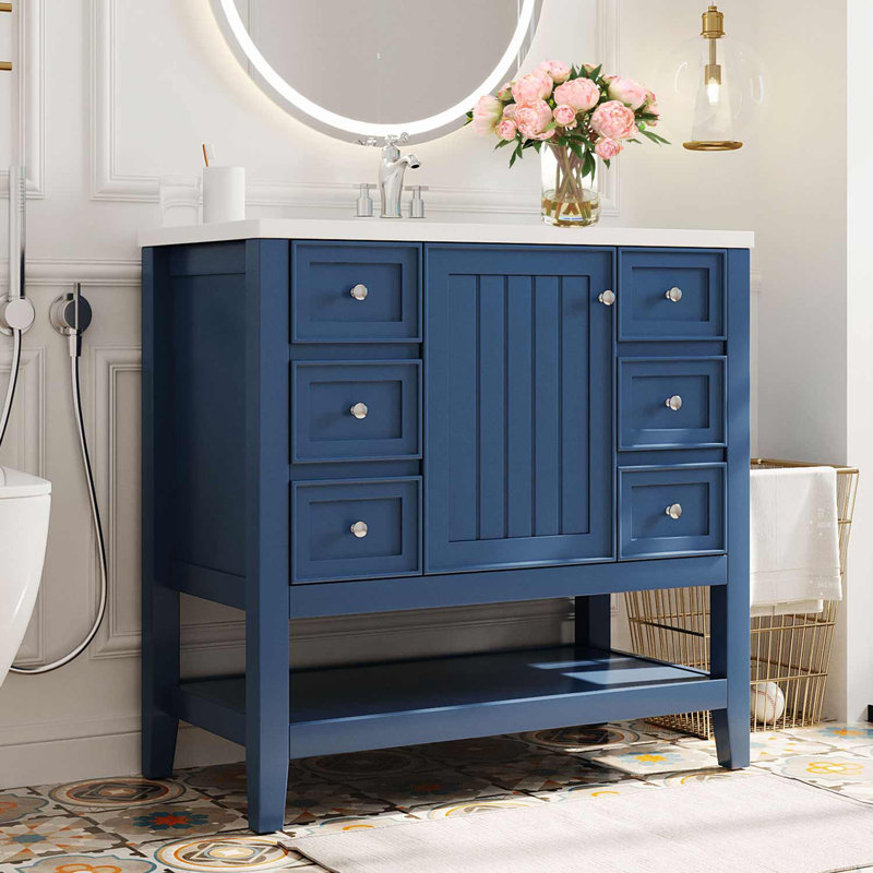 Meuble-lavabo simple 36 po avec plateau Leiding, Bleu marine