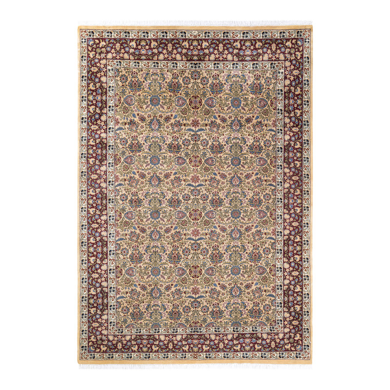 Tapis jaune en laine noué à la main de conception unique 6 pi 1 po x 8 pi 9 po Hayner
