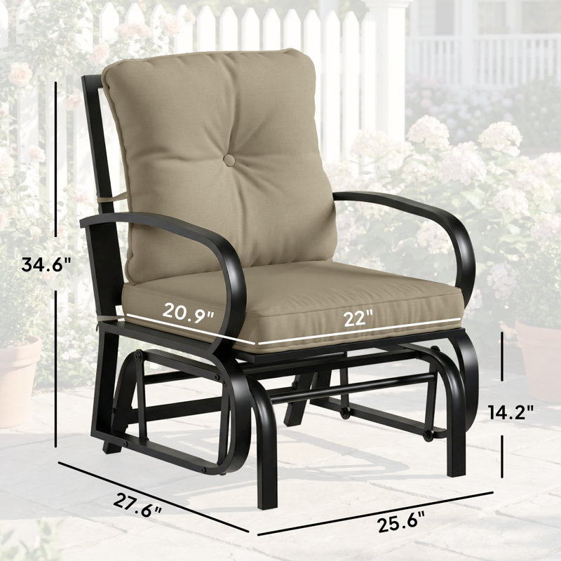 Outdoor Glider Chair, Patio Glider with Cushions, Steel Frame, Curved Armrests, Single Rocking Chair for Yard, Porch, Garden, Poolside, Beige