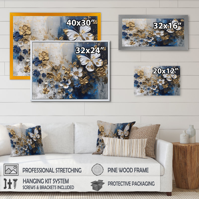 Rynisha, ailes de papillon bleu doré et fleurs I - art mural floral, H 24 po x l 32 po x P 1 po, Cadre noir