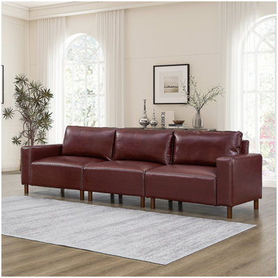 Canapé de luxe en cuir polyuréthane de 112 po pour salon, appartement, rembourré, canapé en similicuir respirant avec pieds en bois, bourgogne