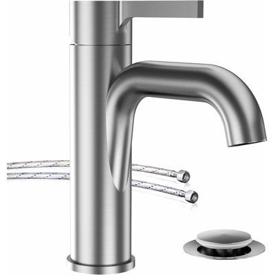 Robinet de lavabo de salle de bain 1 trou, robinet de meuble-lavabo simple poignée en nickel brossé, avec bonde escamotable en métal et conduites d'alimentation en eau