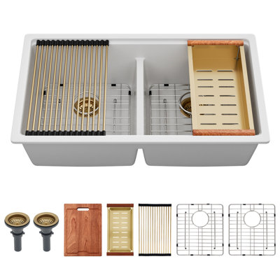33" L x 19" W Double Bowl Rectangular Undermount Workstation Quartz Kitchen Sink Low-divider Granite Composite Sink