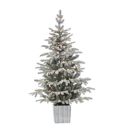 Elegant 4.5 Foot Potted Natural Cut Lightly Flocked Iceland Fir with Warm White LED Lights