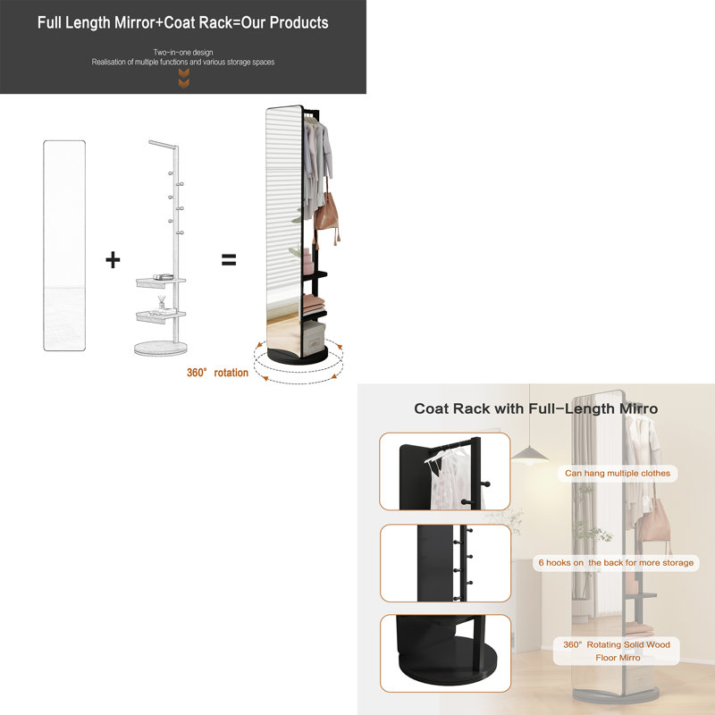Black Solid Wood Full-Length Mirror with Coat Rack