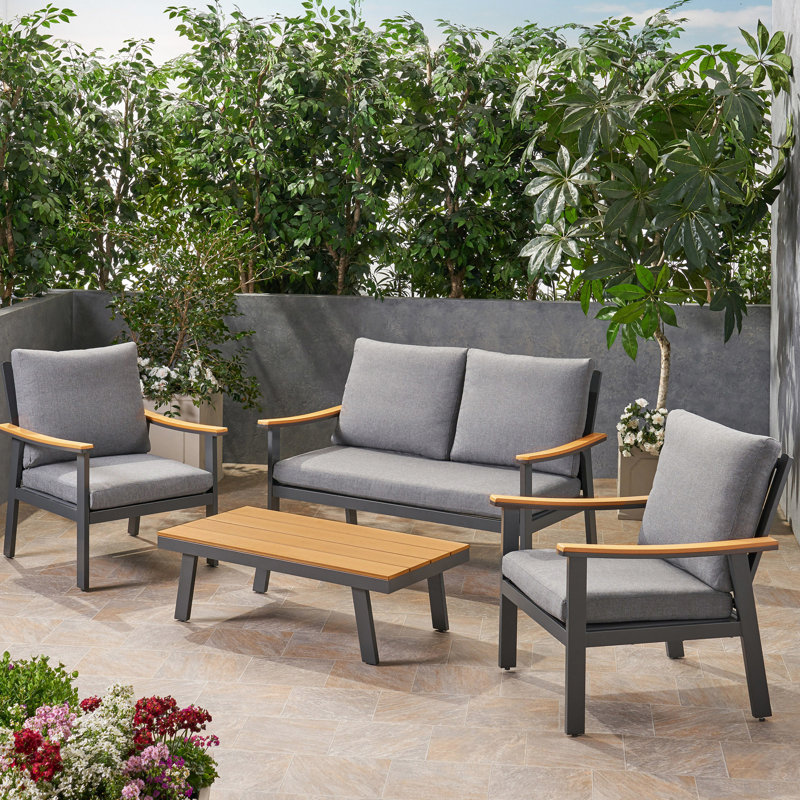 Ensemble de conversation d'extérieur gris 4 pièces, tissu en bois en mailles de métal, tissus pour coussins aquatiques, convient à 4 personnes dans une causeuse - Collection de sièges modernes, structure légère, 4 pièces