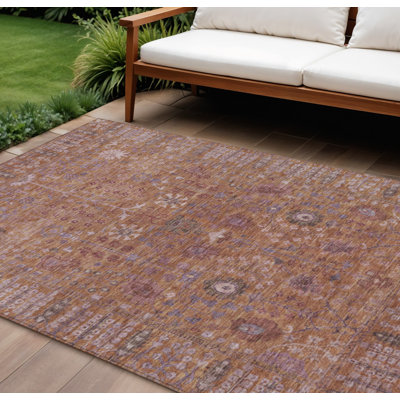 Tapis intérieur/extérieur lavable à motifs floraux cuivre et violet, 3 m x 4,2 m