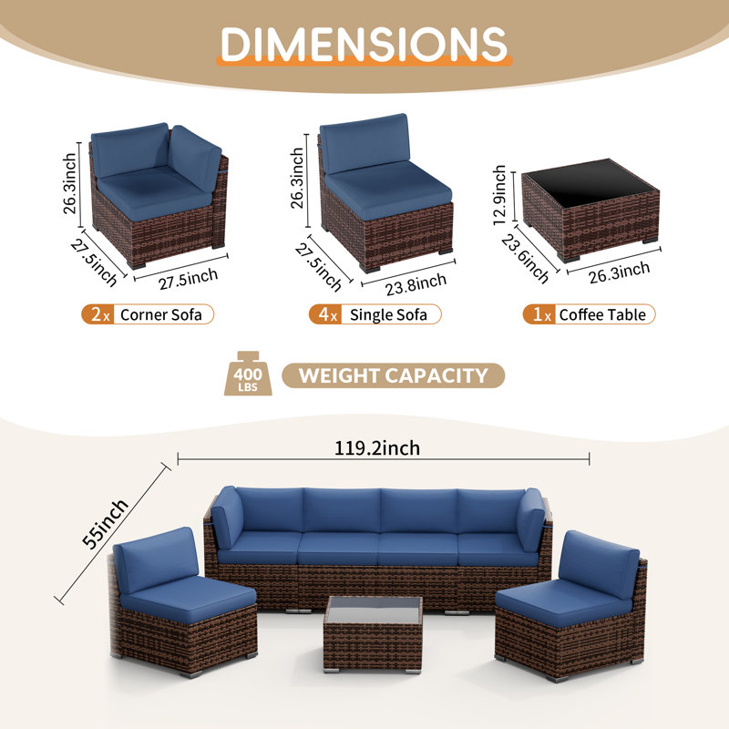 2 Piece Rattan Sectional Seating Group With Cushions, Navy