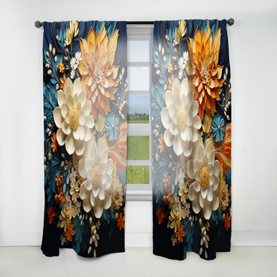 Orange Teal Botanical Whirlwind II - Abstract Botanicals Curtain - Velvet Room Darkening - 1 panel