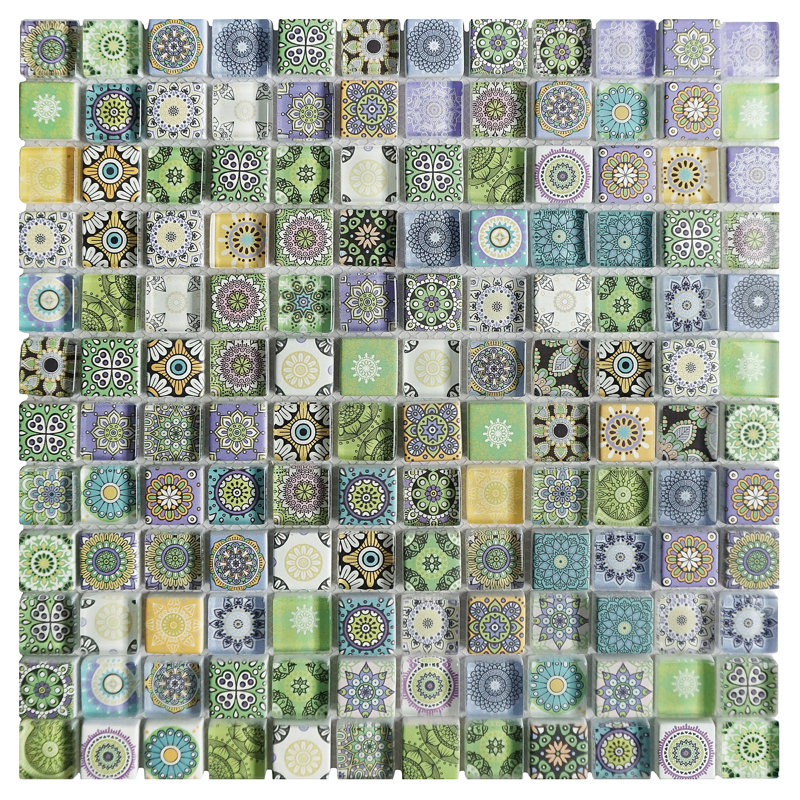 Mediterranean 11.82 in. x 11.82 in. Squares Glossy Glass Mosaic Tile, Green