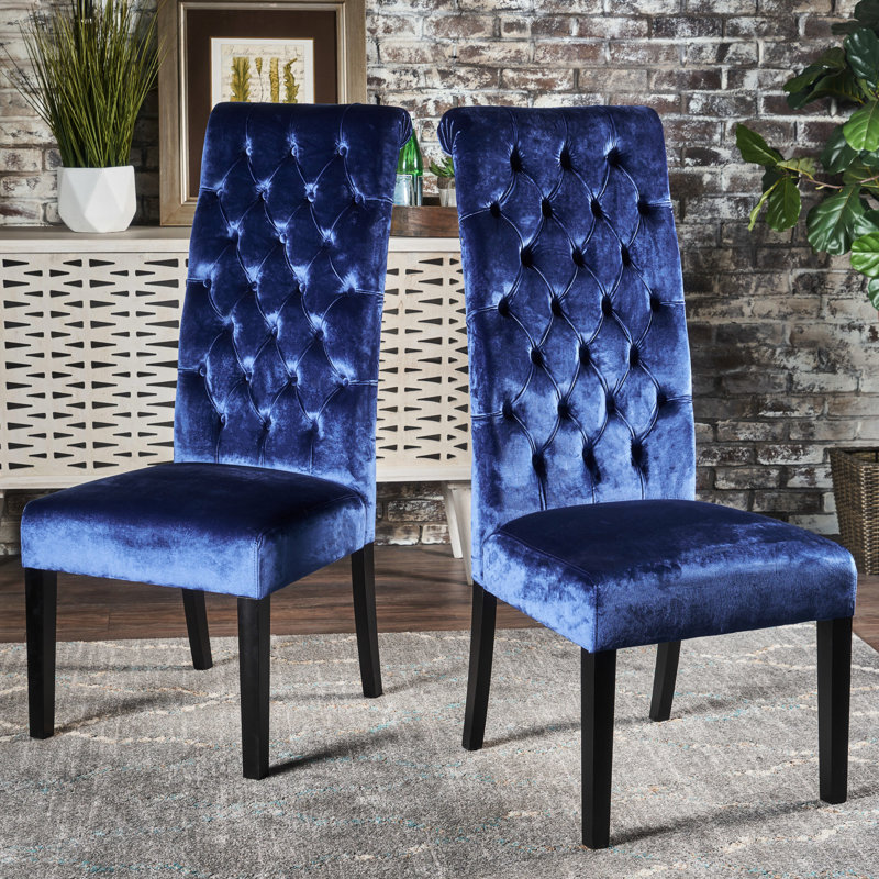 2 chaises de salle à manger à dossier haut Kd - Velours bleu marine avec structure en bois de bouleau et mousse de polyuréthane pour un siège supplémentaire