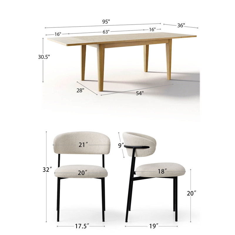 Modern 7-Piece Extendable Dining Set With Rectangular Wood Table And Upholstered Curved Back Chairs, Santi Beige
