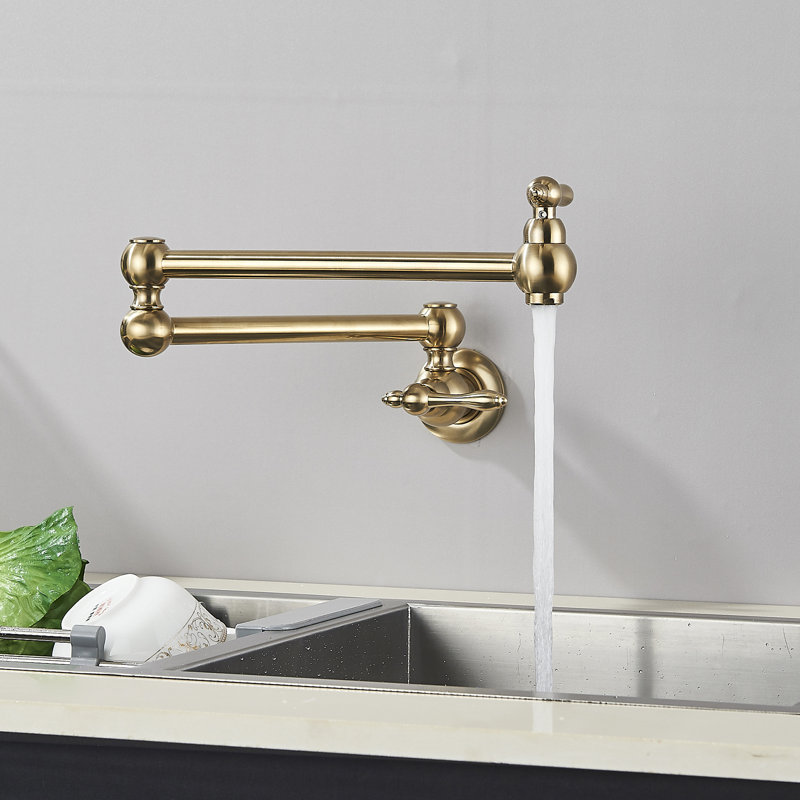 Pot Filler Faucet Brushed Gold Commercial Wall Mount Stove Faucet, Brass Pot Filler Folding Faucet Over Stove, Kitchen Pot Faucet with Double Joint Swing Arms