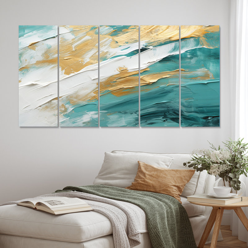«Golden Morning Glory», peinture dorée sur toile I - art moderne sur toile de style Mid-Century moderne - 5 panneaux égaux