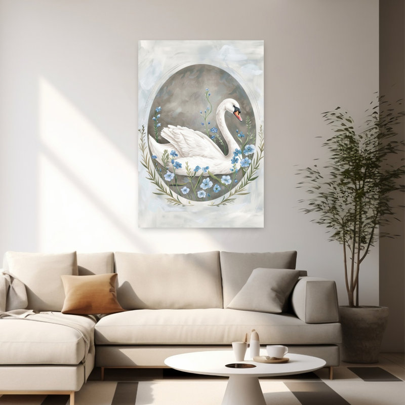 Graceful Swan Blue Flowers Delicate Elegant Serene Bird Nature Spring Wall Art Print 1 Piece Wrapped Canvas Wall Art