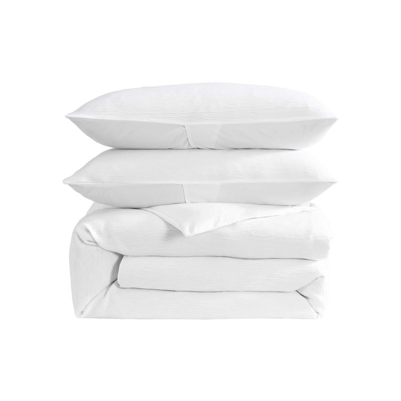 Laura Ashley Crinkle White Duvet Cover Set, White, Queen Duvet Cover + 2 Standard Shams