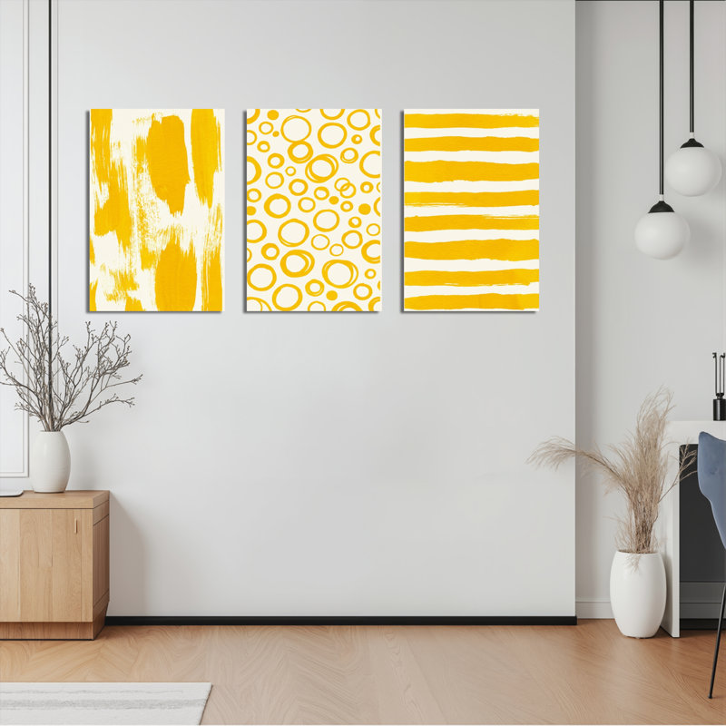 Abstract Yellow Brushstroke Circle And Stripe Pattern Canvas Wrapped Wall Art Oil Painting Print Set Of 3 For Living Room Bedroom Home Decor