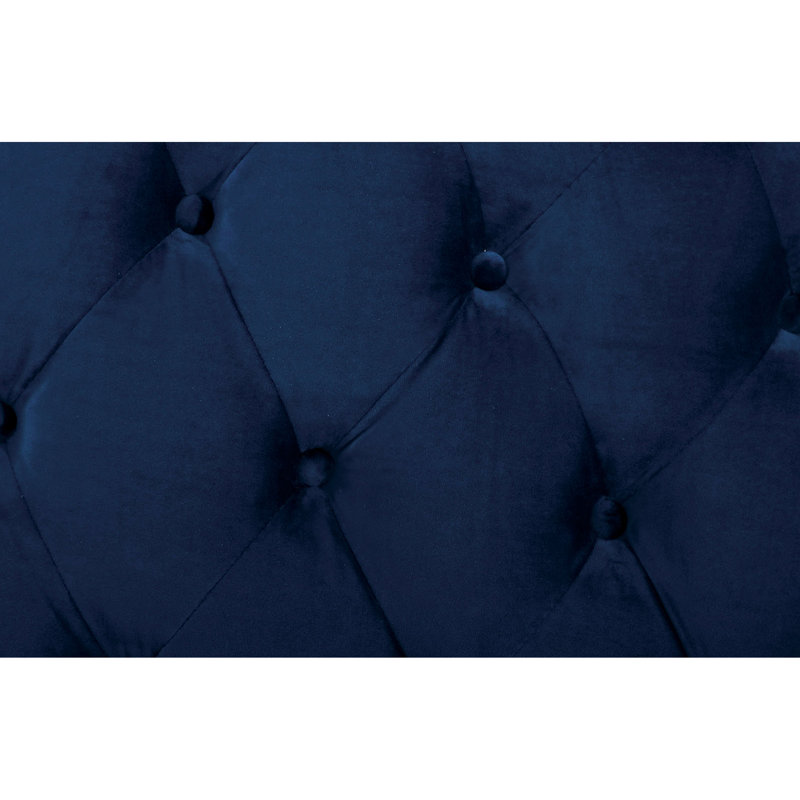 Cadre de grand lit bleu marine, transitionnel et moderne, revêtement en velours, tête de lit à boutons avec losanges sur bois massif moderne, conception à oreilles, motif de surpiqûres entièrement rembourrées