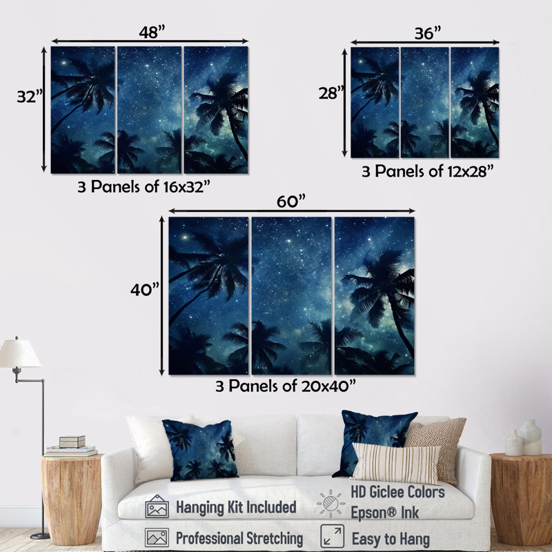 «Sapphire Magical Palm Tree Night», ensemble de reproduction d'art mural palmiers et palmiers, H 28 po x l 36 po x P 1 po