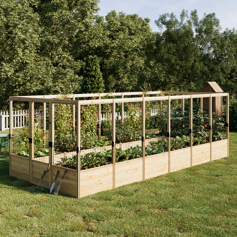 Raised Garden Bed with Deer-Proof Fence, 7.5 W x 17 D x 1.6 H Outdoor Wooden Planter Box with 19″ Deep Growing Bed