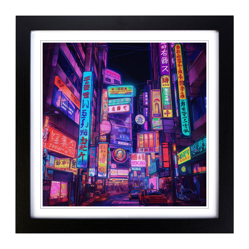City Of Tokyo Neon Art - Single Picture Frame Print on Wood, Black