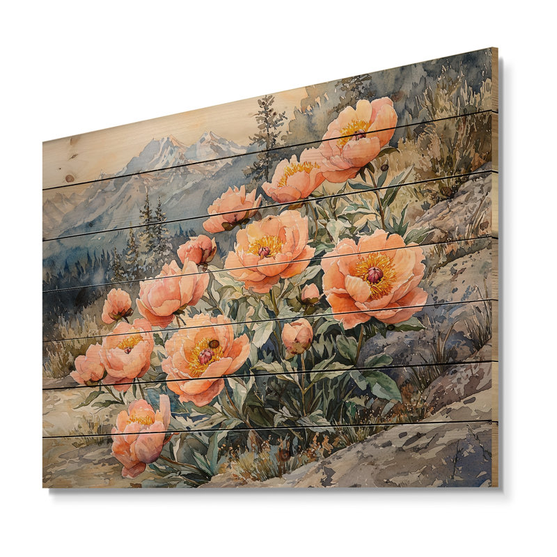 Pivoines dans le col de la montagne - impression de bois de pivoines - sur bois de pin naturel, H 30 po x l 40 po x P 0,78 po