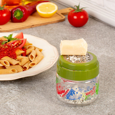 Râpe à fromage CRYSTALIA avec récipient de rangement en verre, boîte de déchiqueteuse en acier inoxydable pour parmesan, gingembre, ail, légumes, muscade, petit moulin fin avec pot en verre sans plomb pour la cuisine (vert)