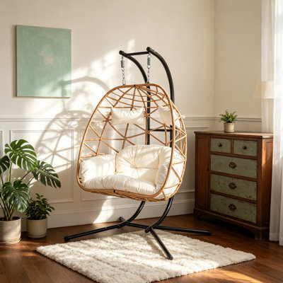 Fauteuil double suspendu pour 2 personnes, causeuse surdimensionnée en rotin en osier, capacité de 600 lb, chaise hamac à panier pliable avec coussin épais pour la chambre à coucher extérieure (noir + jaune + blanc)