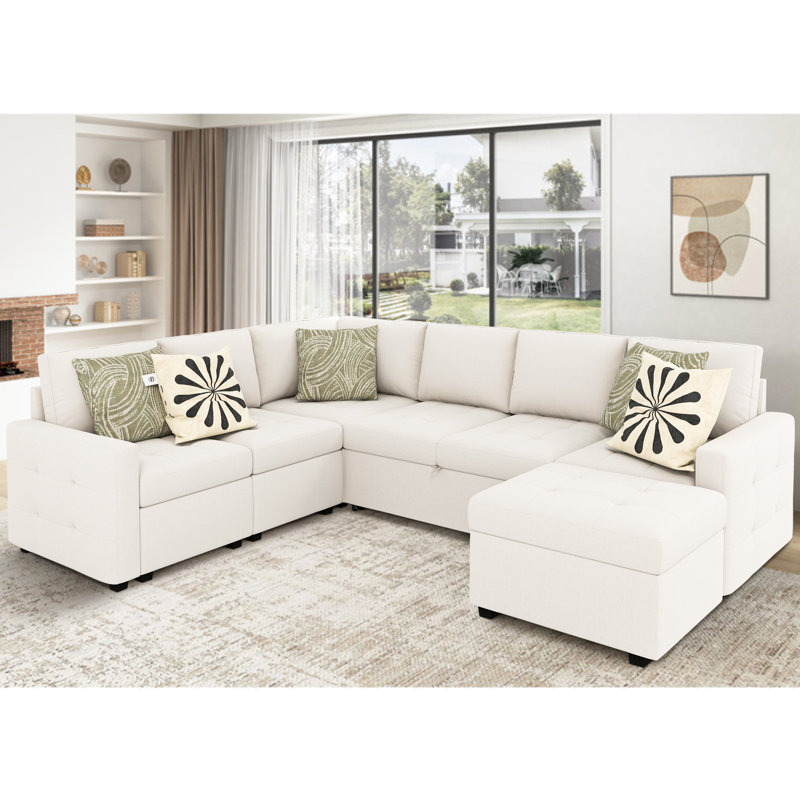Canapé-lit modulaire en U 7 pièces avec canapé-lit escamotable et rangement, Beige