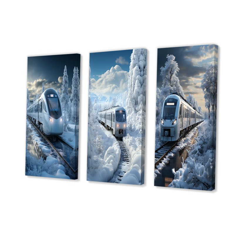 «Christmas Snow Train Journey I - Transport train», ensemble de 3 reproductions d'art sur toile, Toile tendue
