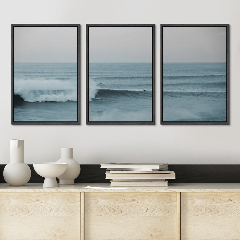 Framed Coastal Ocean Waves Triptych Canvas Print Set