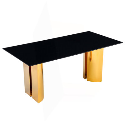 70.00 Inch Rectangular Dining Table, Modern Style, Black Tempered Glass Tabletop, Gold Stainless Steel Legs, Mirror Finish, Suitable For 4-6 People.