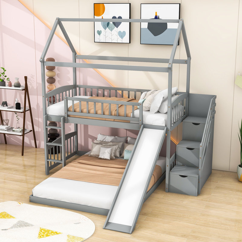 Anterrius Twin Over Full Bunk Bed With Playhouse Design and Slide, Gray