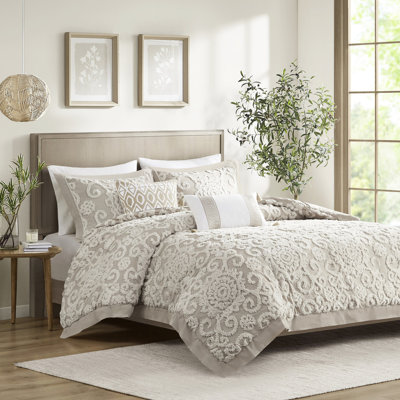 Housse de couette très grand 100% coton taupe avec médaillons et broderie en chenille tridimensionnelle, fermeture à boutons, 2 taies décoratives taupe, coton, taille, housse, taies décoratives assorties, standard