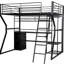 Lit mezzanine noir en métal pleine grandeur avec rangement multiple, garde-robe ouverte et DEL pour un espace de travail moderne Chambre bien conçue
