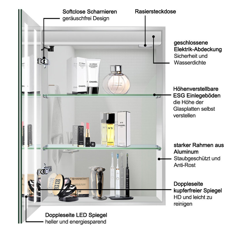 Nowthen W H Surface Framed Medicine Cabinet Mirror 2 Adjustable, 60cm H x 45cm W x 12cm D