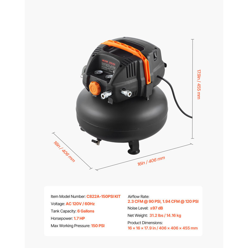 6 Gallon Air Compressor, 1.7HP 2.3CFM@90PSI Portable Pancake Air Compressor And 150PSI Max Pressure, 12-Piece Accessory Kit With 50FT Air Hose For Tire Inflation, Spray Painting, Woodwork Nailing