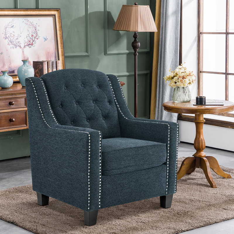 Fauteuil d'appoint Leomar, garniture cloutée, Chenille bleu clair
