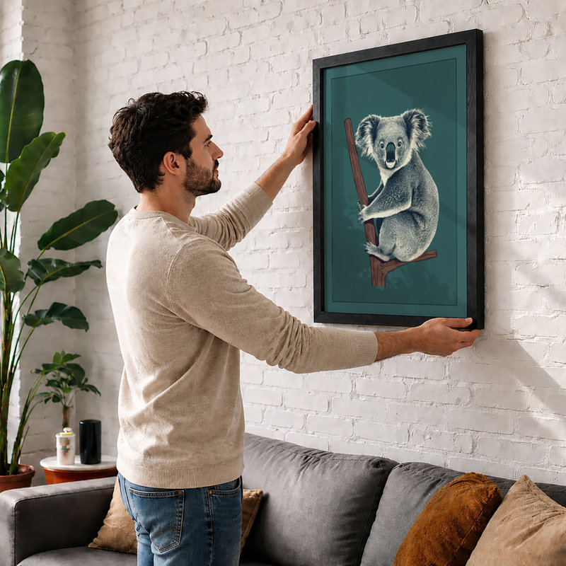 Koala on Branch Modern - Framed Print, A2 - 59.4 x 42.0 cm, Oak