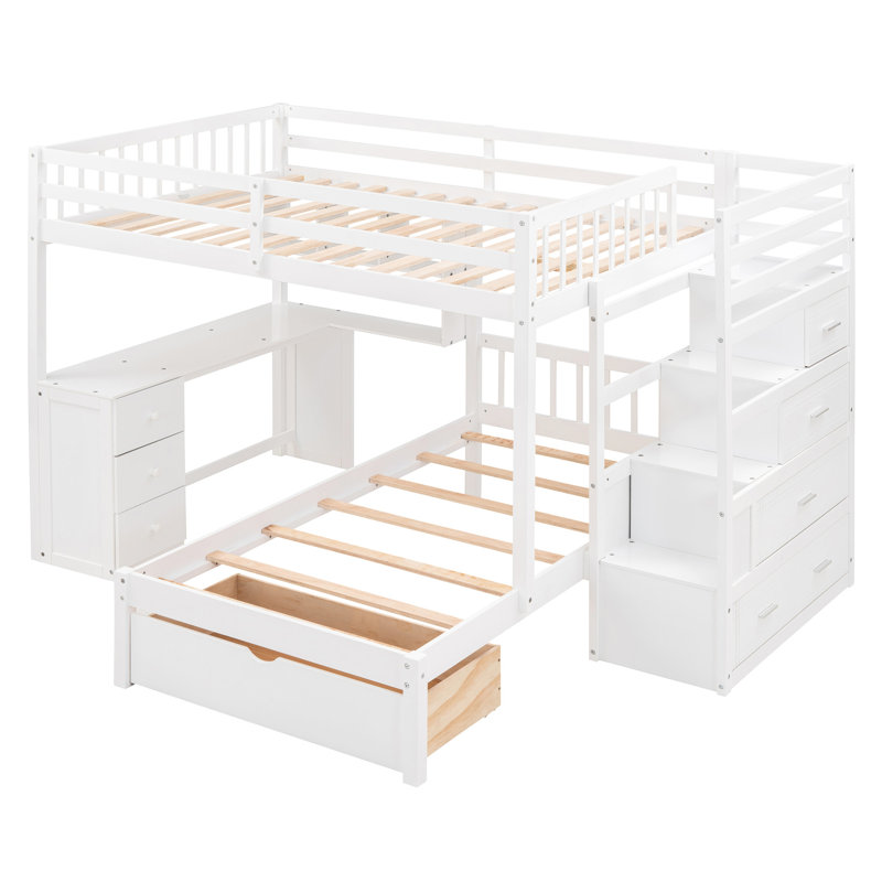 Lit double superposé double au-dessus d'un lit simple blanc avec espace de rangement efficace - idéal pour les besoins des frères et sœurs intégrés et espace d'étude parfait pour toute chambre à coucher