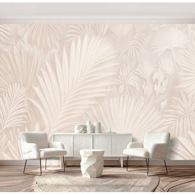 Peel and Stick Wallpaper Beige Tropical Foliage Palm Leaves Subtle Tones Wall Murals 69"H x 96"W Removable PVC Wall Paper Self-Adhesive Wall Decor for Bedroom Living Room Dining Room