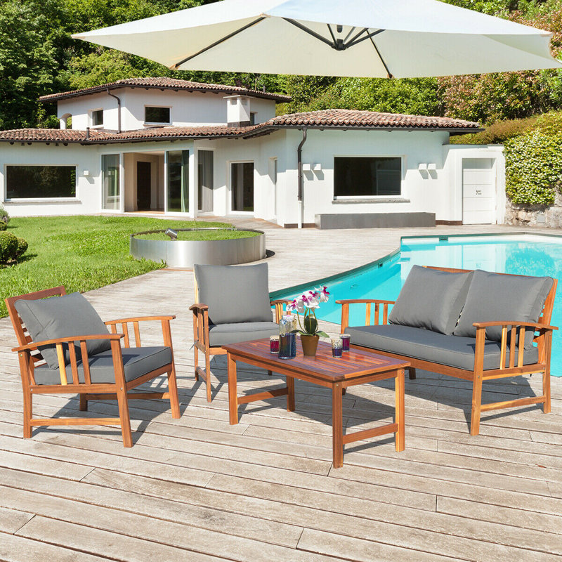 Ensemble de conversation en bois 4 pièces avec canapé et coussins