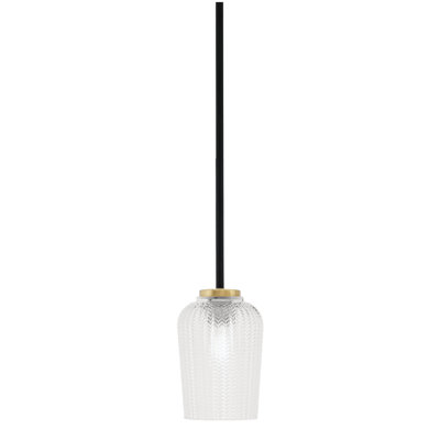 Mini-luminaire suspendu 1 lumière Amarmula, noir mat et laiton vieilli, verre texturé transparent de 5 po