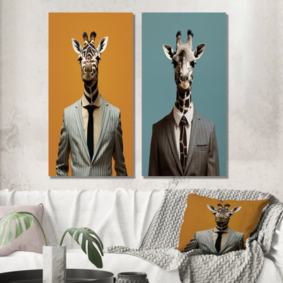 Grey Giraffe Fashion Suit I - Giraffe Fashion Wall Art Living Room Set Of 2