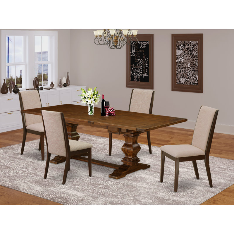 L'ensemble de table de salle à manger 5 pièces comprend une table de cuisine rectangulaire amovible et 4 chaises rembourrées en tissu de lin brun clair, noyer antique