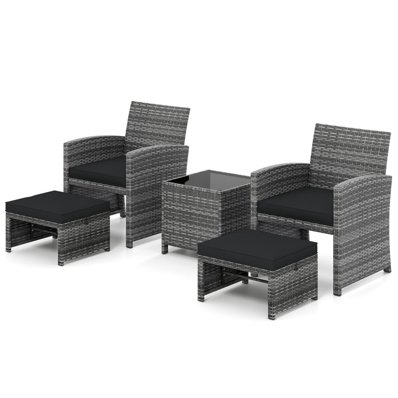 5 Pieces Patio Furniture Set PE Wicker Lounge Chairs w/ 2 Ottomans Outdoor, Black