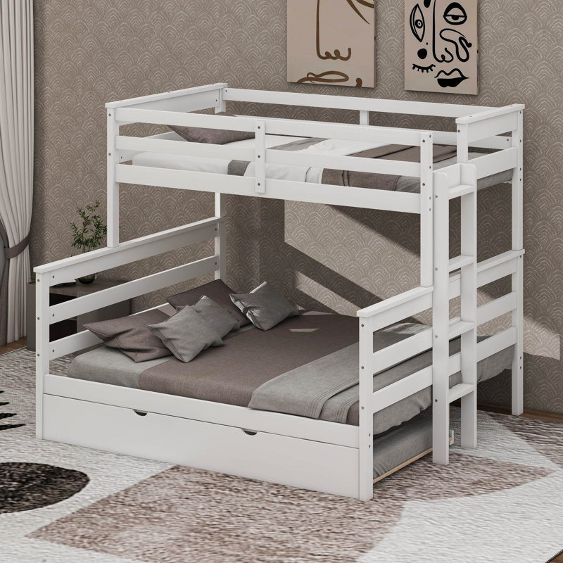 Twin XL Over Queen Bunk Bed With Trundle, Wooden Bed Frame With Ladder And Guardrail, Separated Into 3 Beds,, White