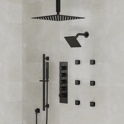 Ceiling Mount 16" High-Pressure Rainfall Shower Faucet, Dual Rainfall Shower Head System with Thermostatic Valve