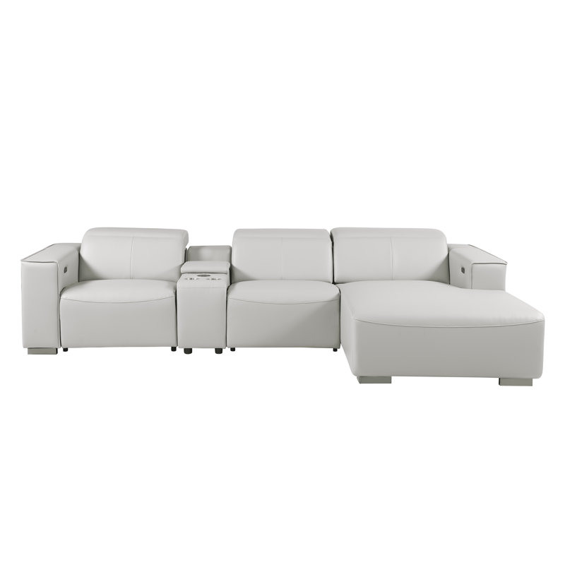 Canapé modulaire en L en cuir véritable 4 pièces faisant face à droite gris clair avec 2 fauteuils inclinables et appuis-tête réglables