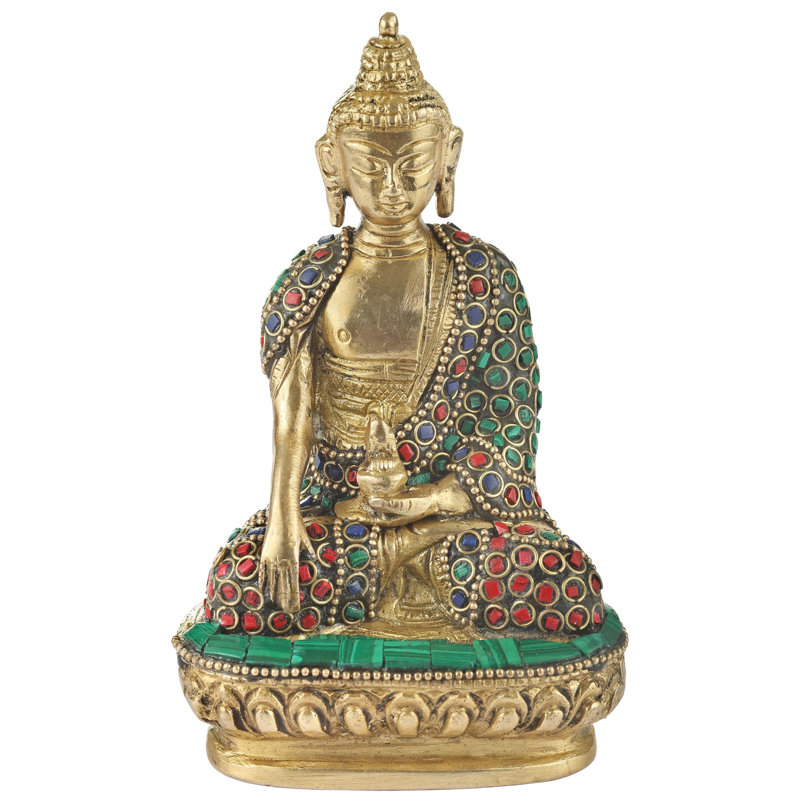 Figurine incrustée de Bouddha Bhumisparsha en laiton